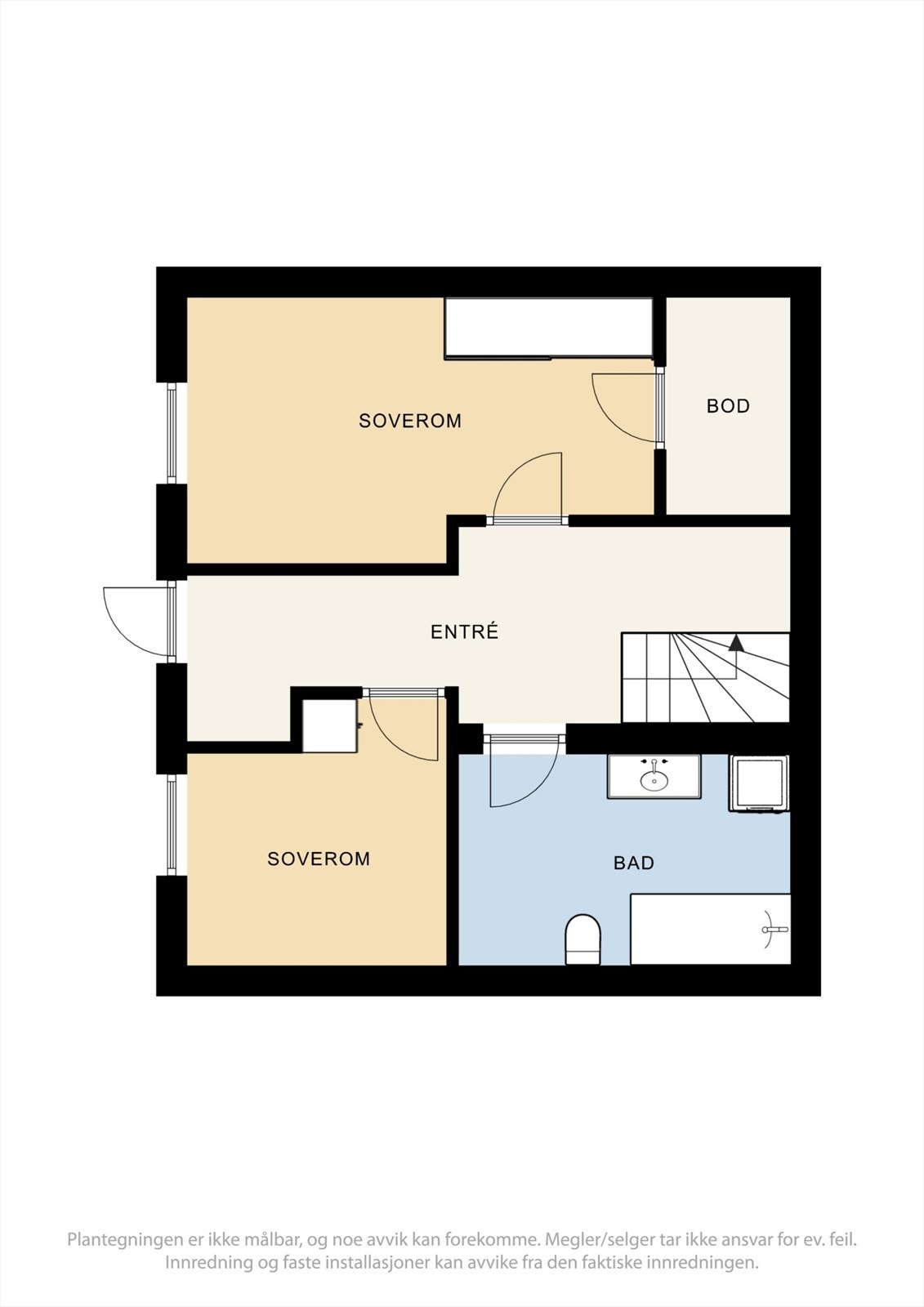 Plantegning underetasje. 2 soverom, bad og innvendig bod. Galleribilde