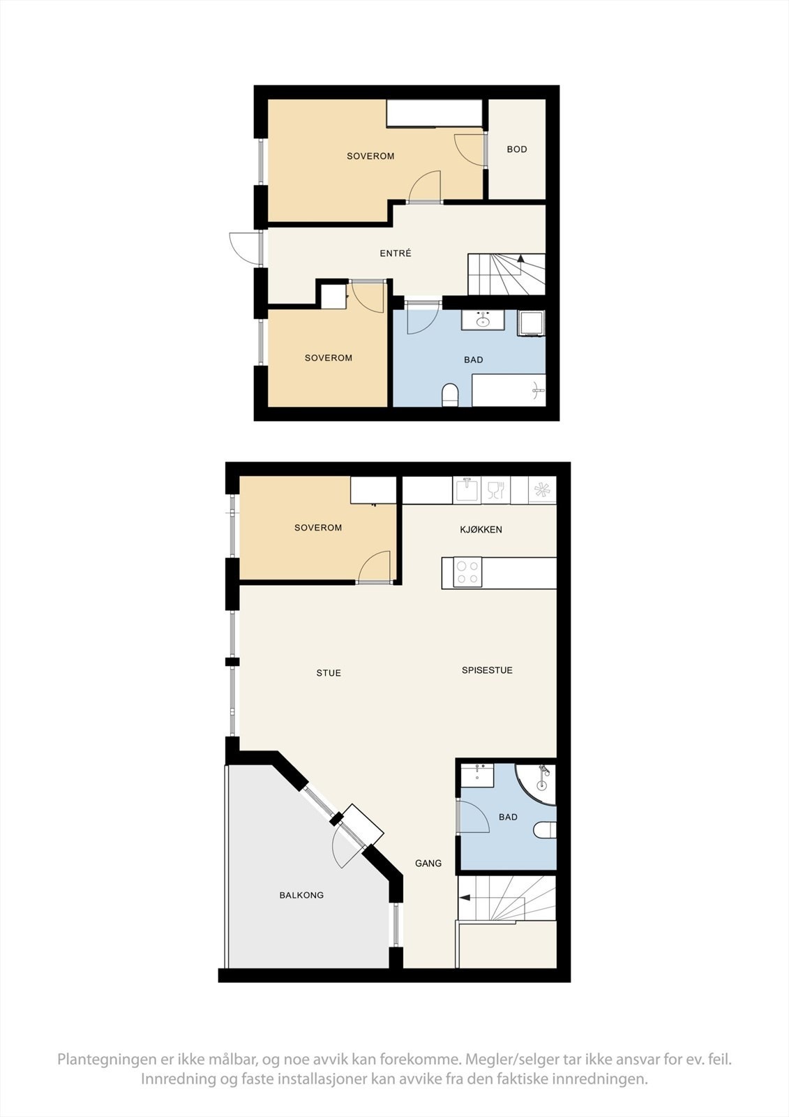 Plantegning av underetasje og 1. etasje. Det er også garasjeplass i underetasjen som følger seksjonen. Galleribilde