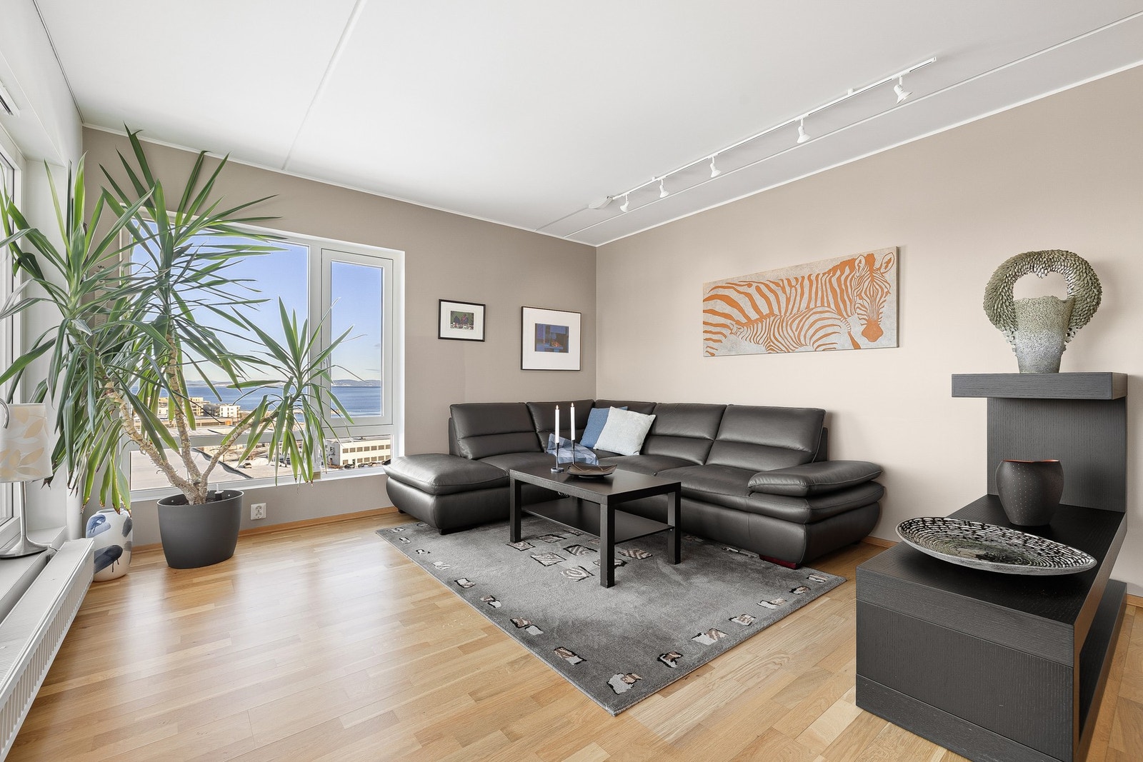 Her får du en åpen stue-/kjøkkenløsning på hele 55,4m². Galleribilde