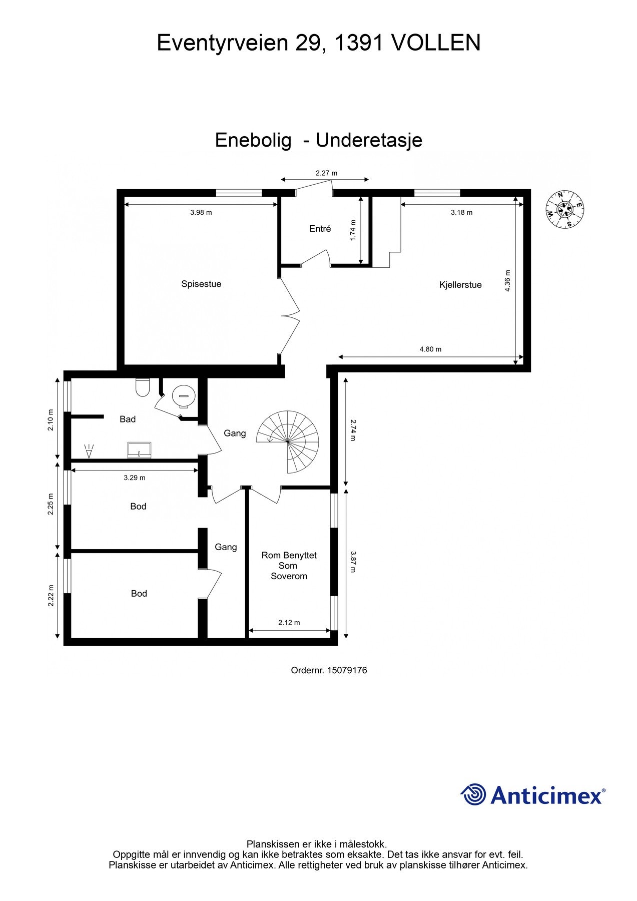 Boligens underetasje inneholder entré, stue, spisestue, gang, bad, to boder og rom benyttet som soverom (ikke godkjent oppholdsrom). Galleribilde