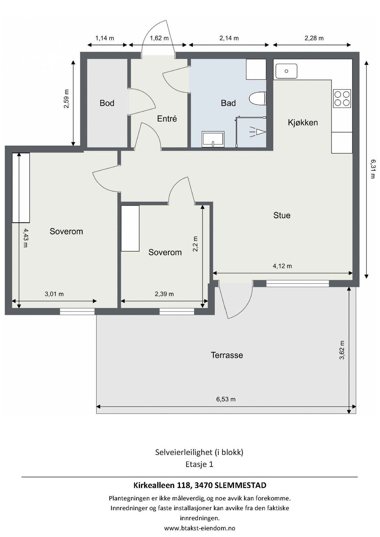 Leiligheten inneholder entré, bod, bad, 2 soverom, stue med åpen kjøkkenløsning. Galleribilde