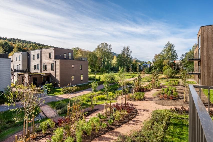 Proffen Hageby har store pent opparbeidede fellesarealer for sameiene (felles grønt belte) | stort friområde mot vest (F1) Galleribilde