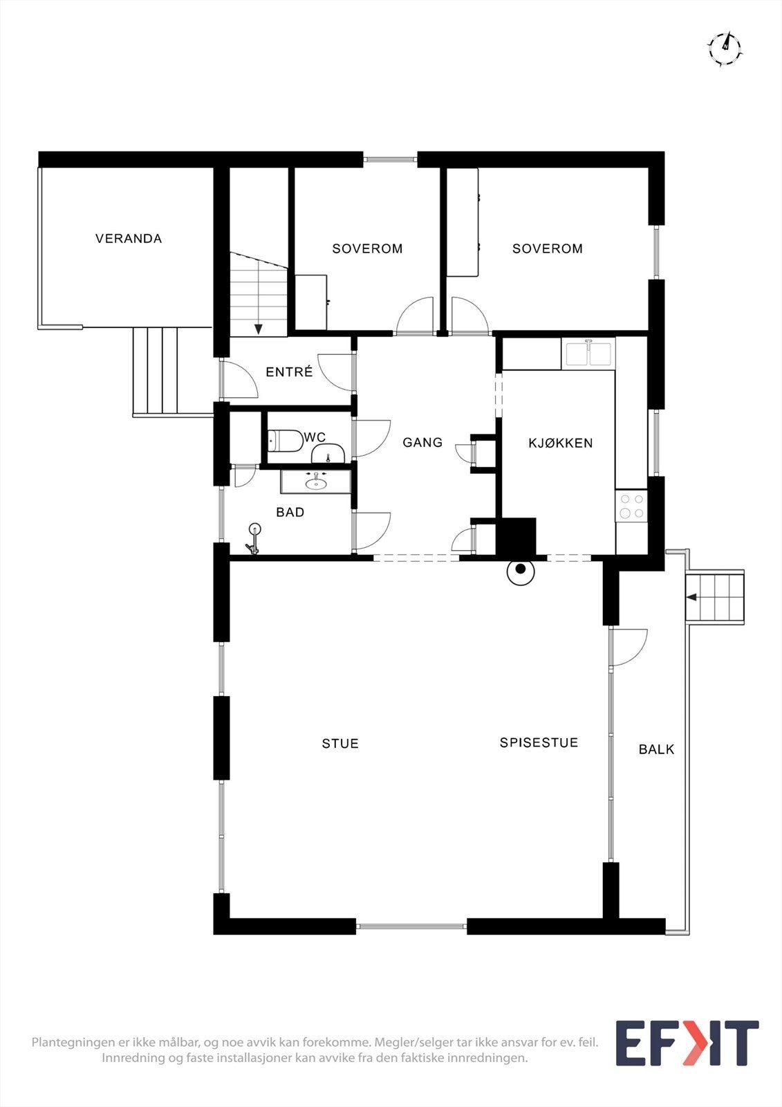 Plantegningen for første etasje viser en praktisk romløsning med stue, kjøkken, to soverom, bad og toalettrom. Galleribilde