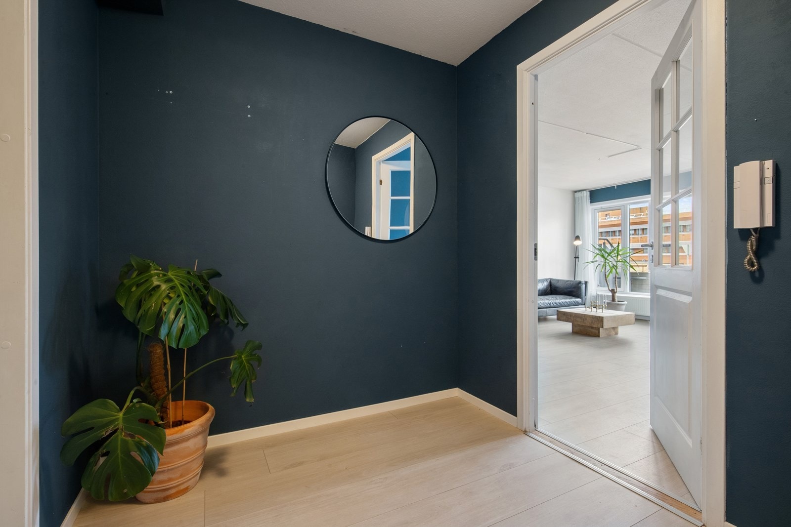 Entréen fungerer som et innbydende velkomstrom, og på veggen finner du også dørtelefon for enkel mottakelse av besøk. Galleribilde