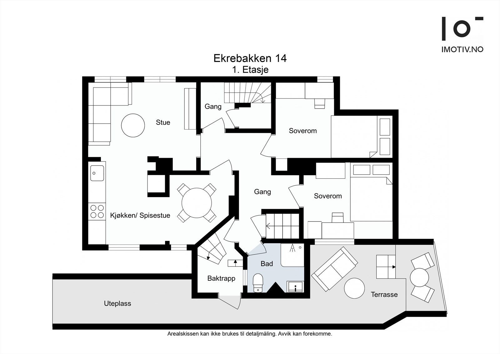 Plantegning for leilighetens etasje med tilgang til bakgård via baktrapp. Galleribilde