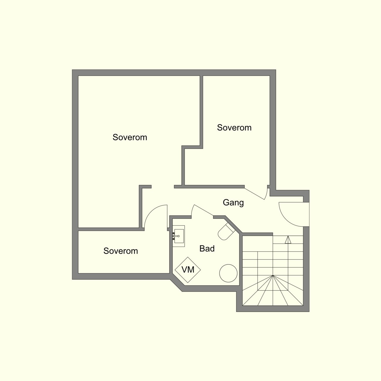 Denne etasjen består av to soverom, bod og bad. Galleribilde