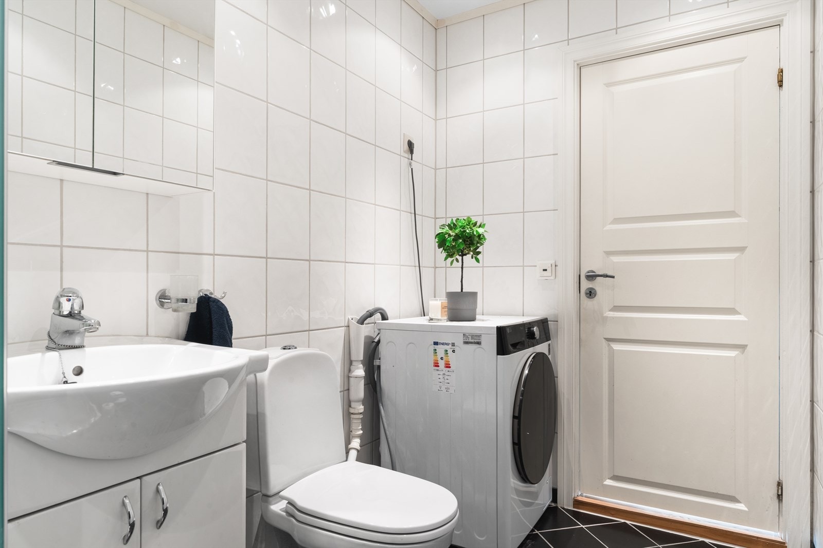 Innredningen består av nedfelt servant, toalett, dusjkabinett og opplegg for vaskemaskin. Galleribilde