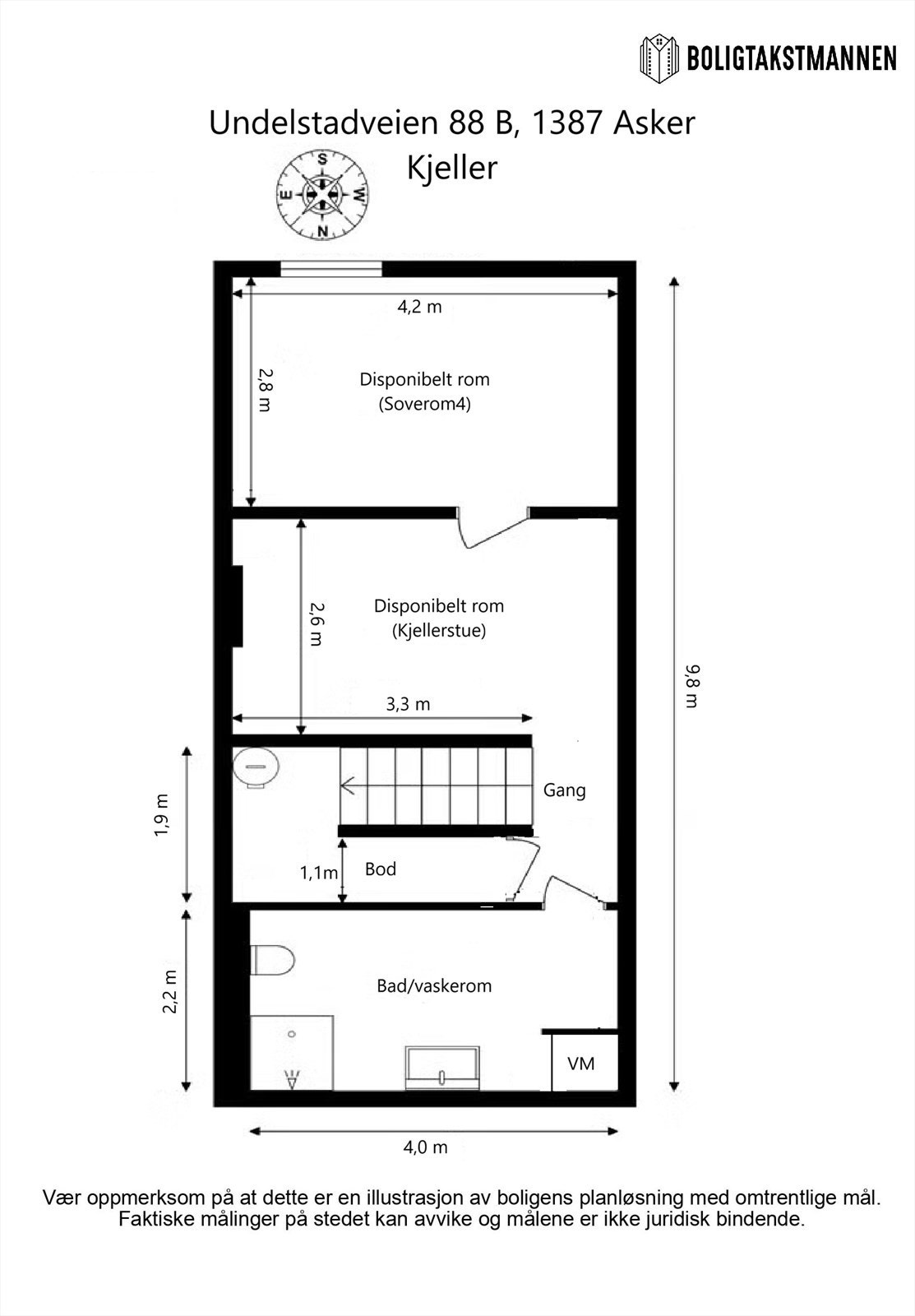 Plantegning kjelleretasje. Hele etasjen er innredet i senere tid og er ikke omsøkt/godkjent til varig opphold. Se salgsoppgaven. Galleribilde