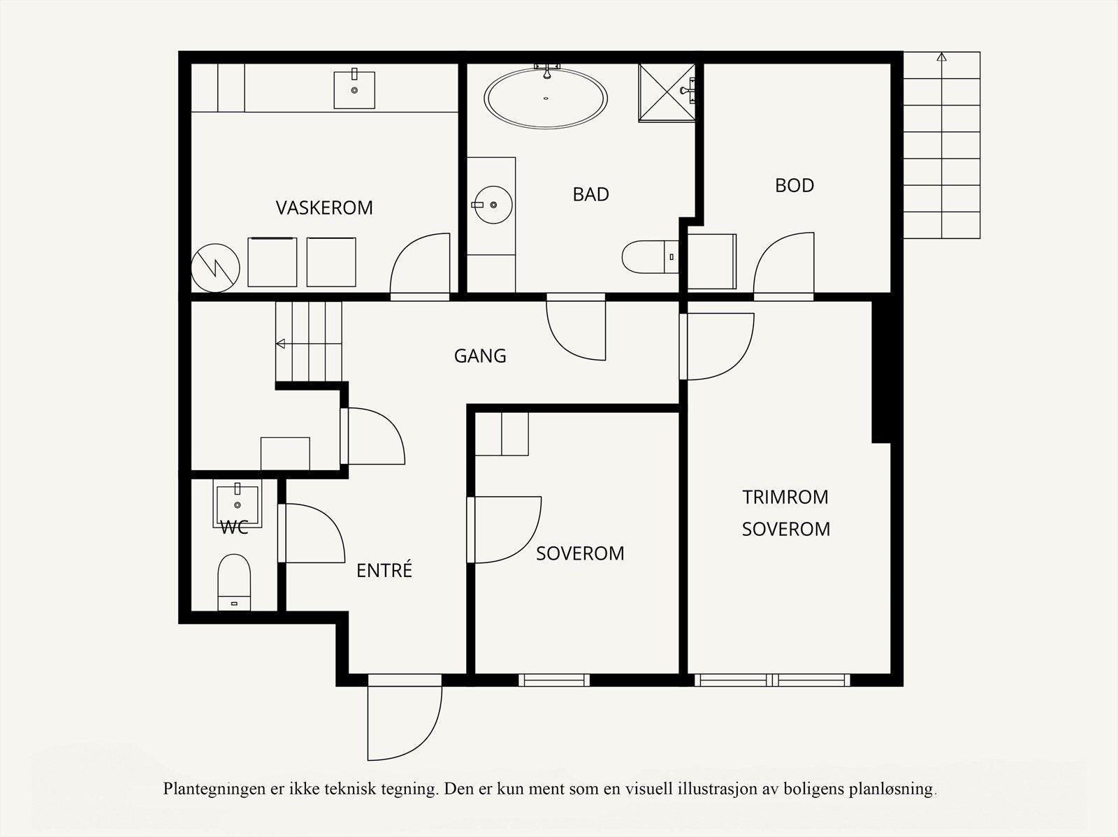 1. Etasje: Gang (13,7m²), bad (7,3m²), vaskerom (9m²), toalett (1,7m²), soverom (8,1m²), soverom/Tv-stue/trimrom (10,7m²), innvendig bod (5,8m²). Galleribilde