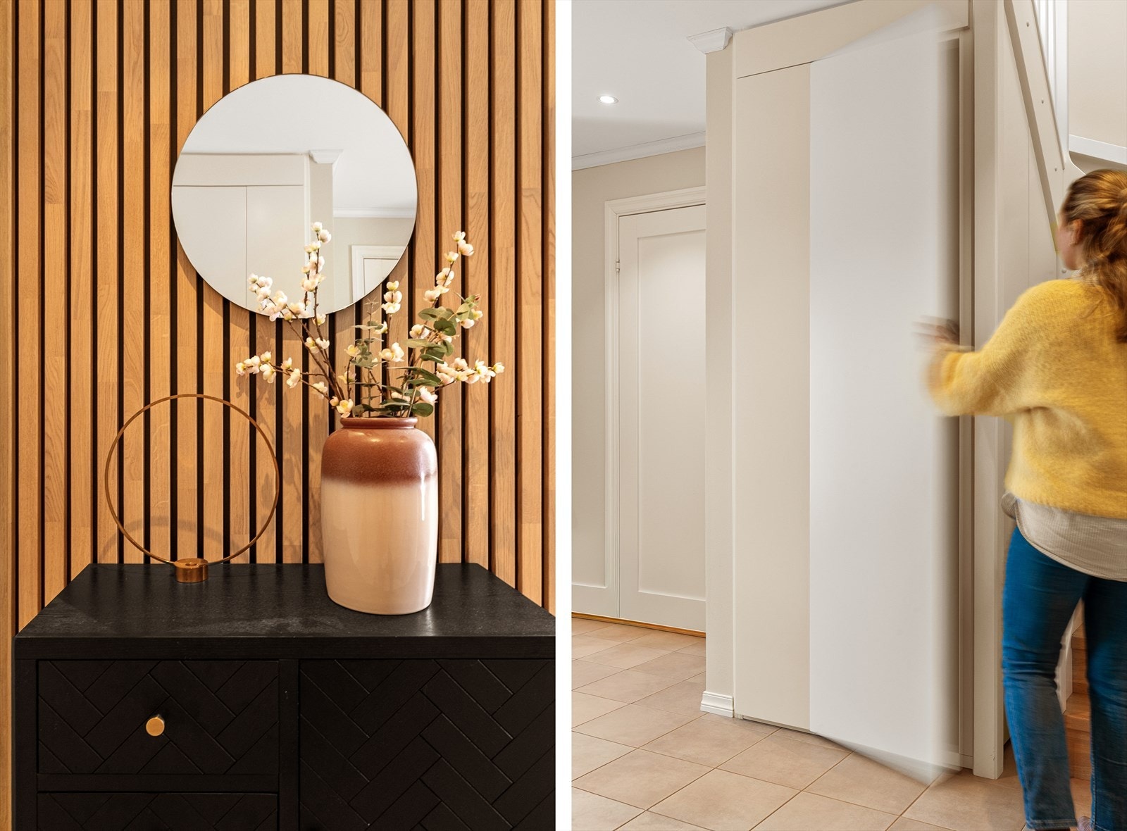 Praktisk, innebygd trapp med integrert oppbevaring - en smart løsning som utnytter plassen optimalt og gir rikelig med lagringsmuligheter uten å gå på bekostning av uttrykk eller funksjon. Galleribilde