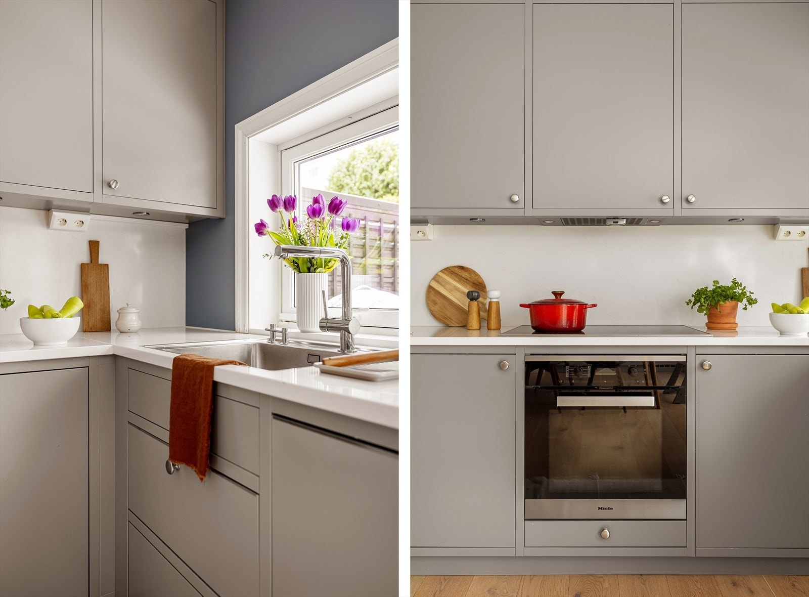 Silestone benkeplate i stein, som også dekker vegg bak platetopp - en elegant og eksklusiv løsning med et sømløst uttrykk. Galleribilde