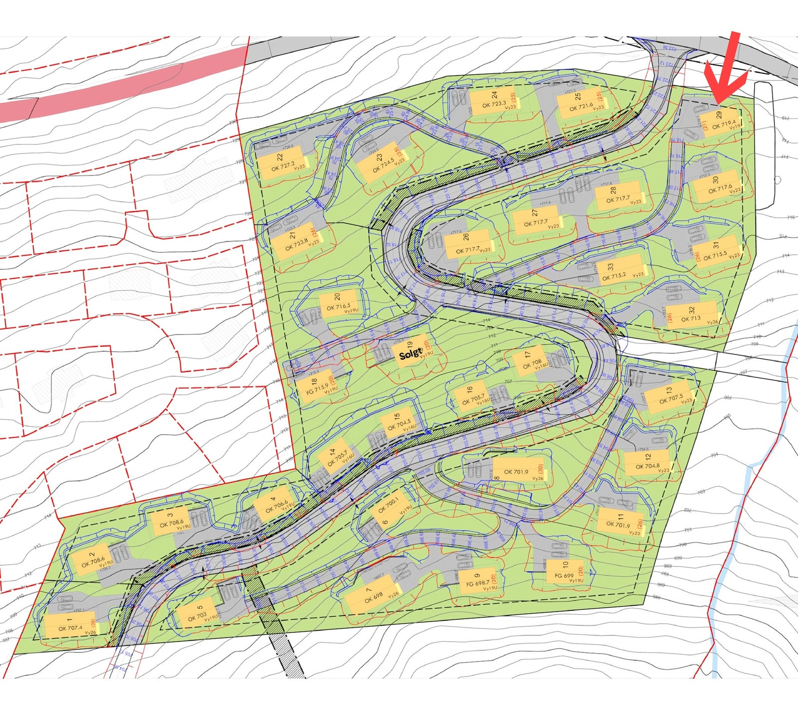 Situasjonskart. I annonsen er tomt 29 priset. Galleribilde