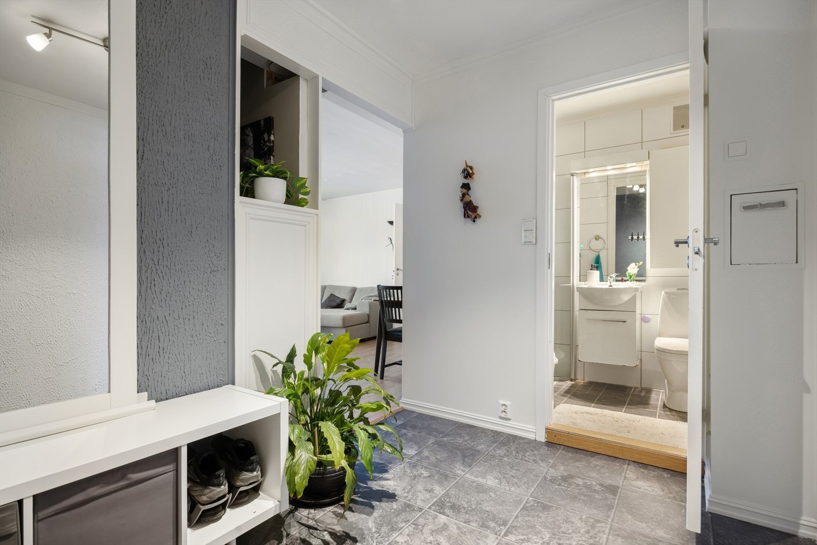 Velkommen inn til en hyggelig visning. Her kan man henge fra seg yttertøy og sette fra seg sko. Innenfor hoveddøren gir entrèen et godt førsteinntrykk. Galleribilde