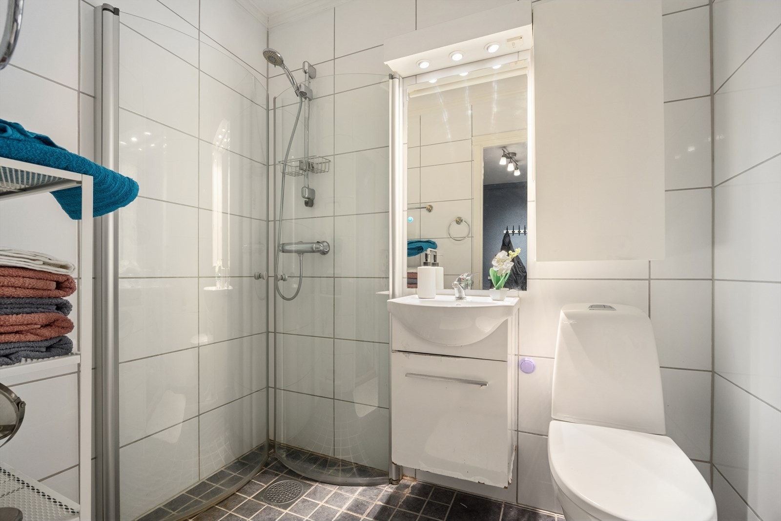 Baderom med flis på gulv og vegg, malt betong himling. Utstyrt med dusjvegger av glass og dusjgarnityr på vegg, gulvmontert toalett og innredning med servant. Galleribilde