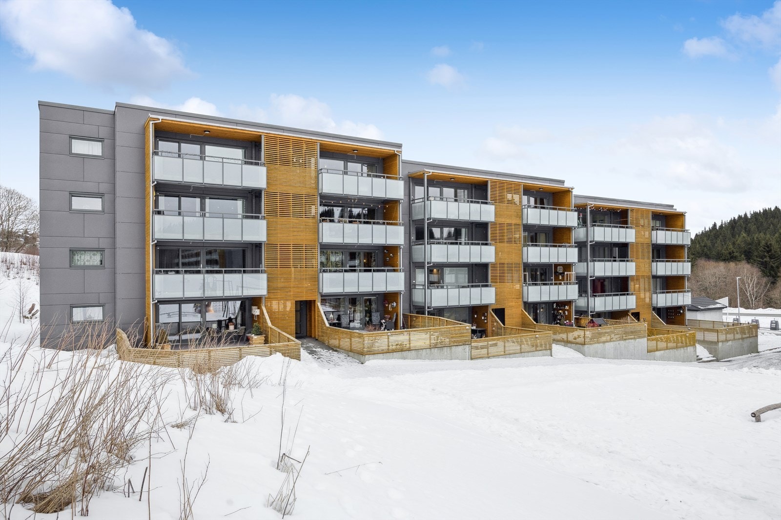 Borettslaget har renovert de siste årene med bl.a. nytt tak, etterisolering med nye vinduer og kledning, installert balansert ventilasjon, etablering av balkonger etc. Galleribilde