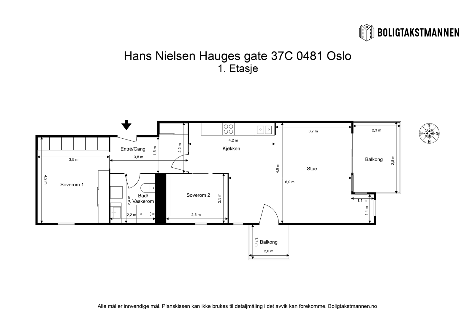Plantegning til orientering. Leiligheten har inngang fra 1. etasje, men vender ut fra byggets 3. etasje og oppleves derfor som en 3. etasje. Galleribilde
