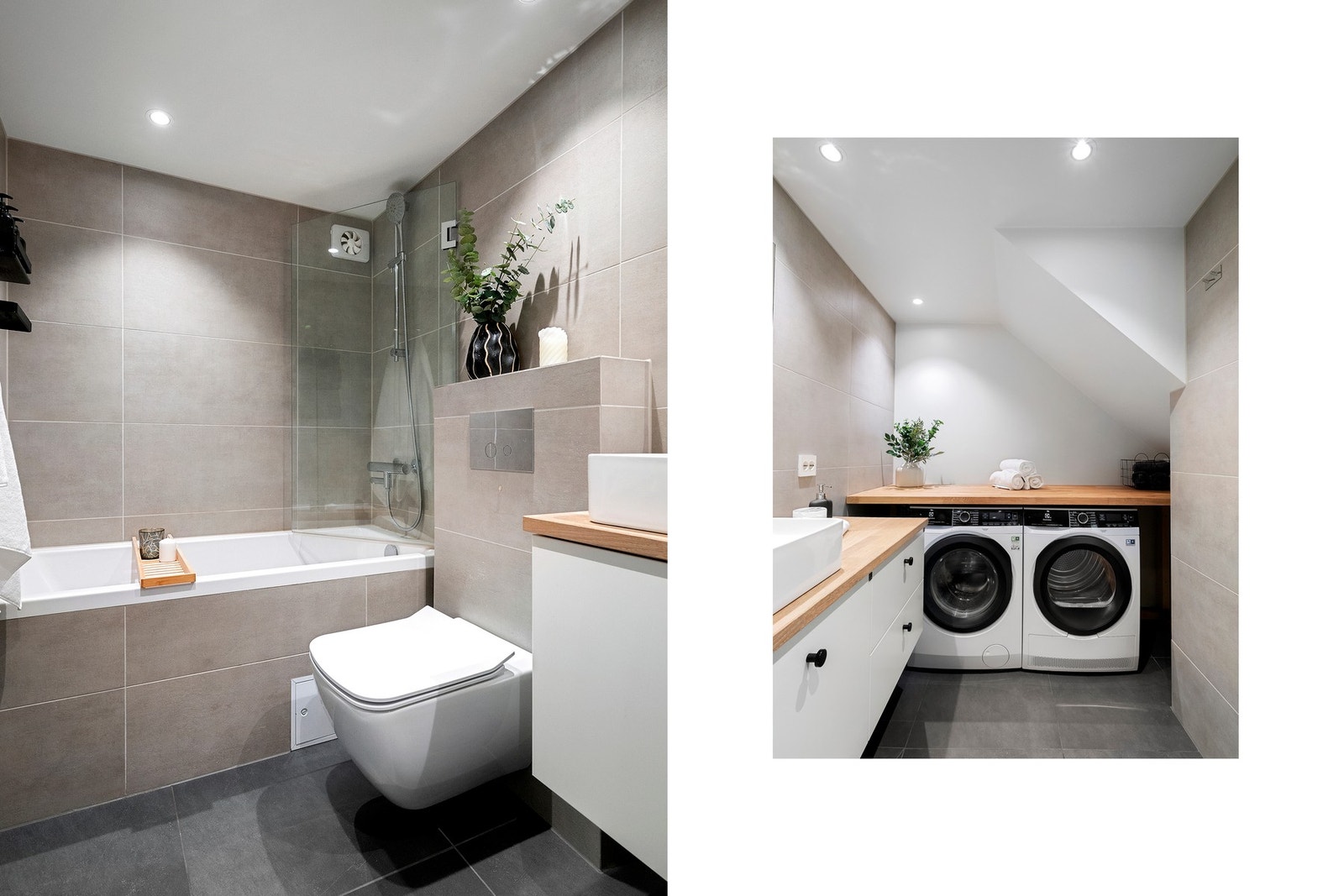 Stort og lekkert bad med smart løsning for vaskemaskin og tørketrommel. Galleribilde