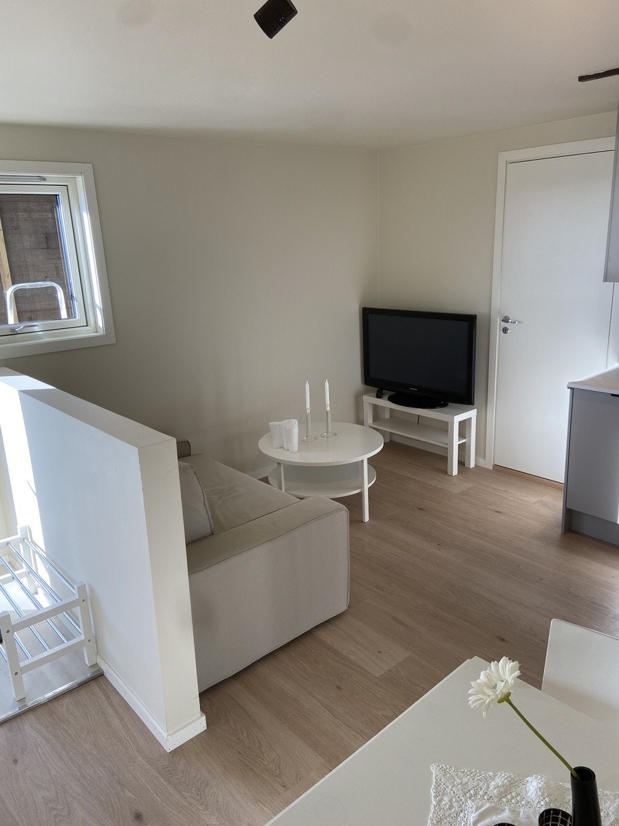 Stue med bord og TV Galleribilde