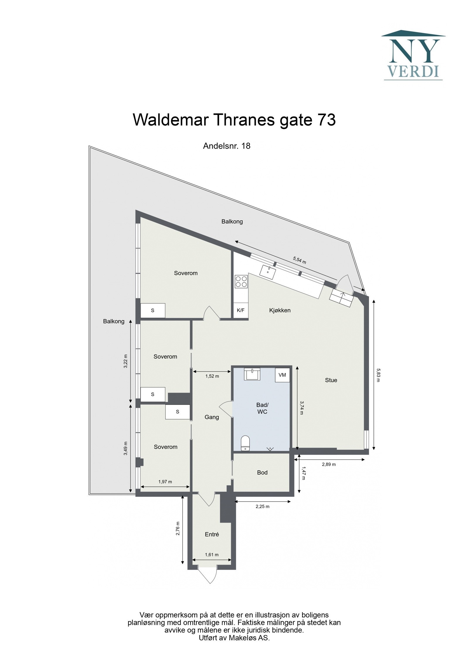 Plantegning 5. etasje. I tillegg disponerer leiligheten en kjellerbod på ca. 10m². Heis i bygget. Galleribilde