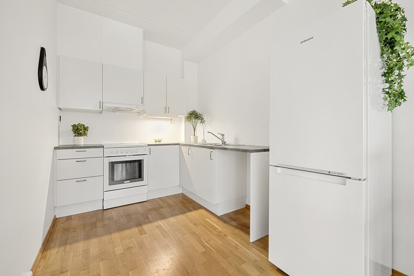 Kjøkkenet er utstyrt med integrert avtrekksvifte og en dobbel oppvaskkum i stål. Galleribilde