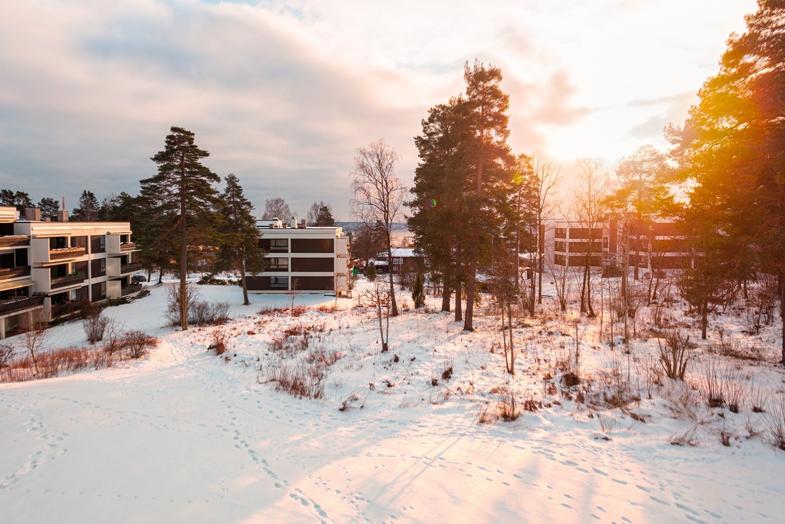 Særdeles god avstand mellom bebyggelsen på den totalt 30 mål store tomten - det store arealet i midten av bebyggelsen omtales som "atriet" og er et grøntdrag opp mot skogen Galleribilde