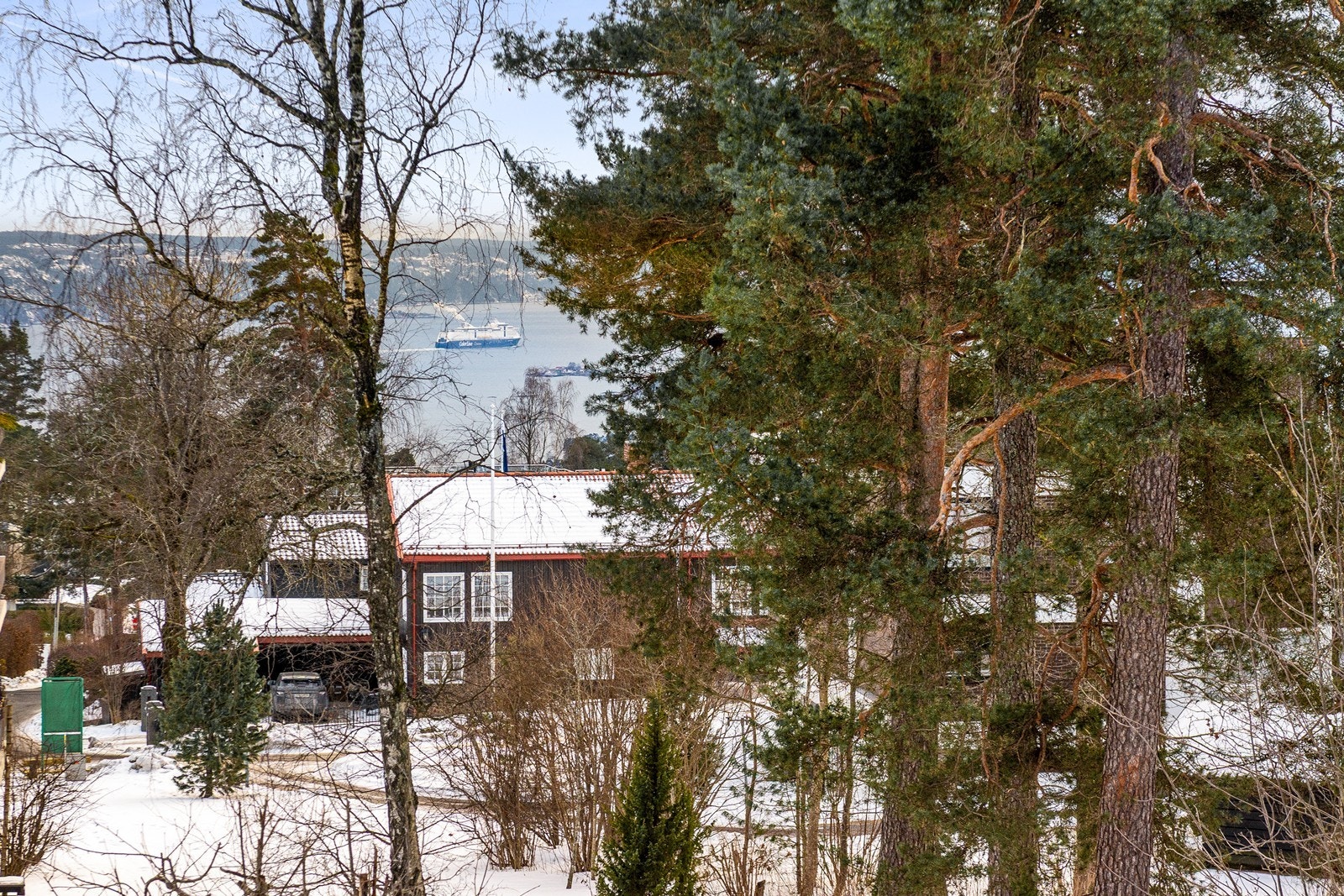 Utsikt fra stuen mot Oslofjorden og det store åpne grøntarealet omtalt som "atriet" av sameiet Galleribilde