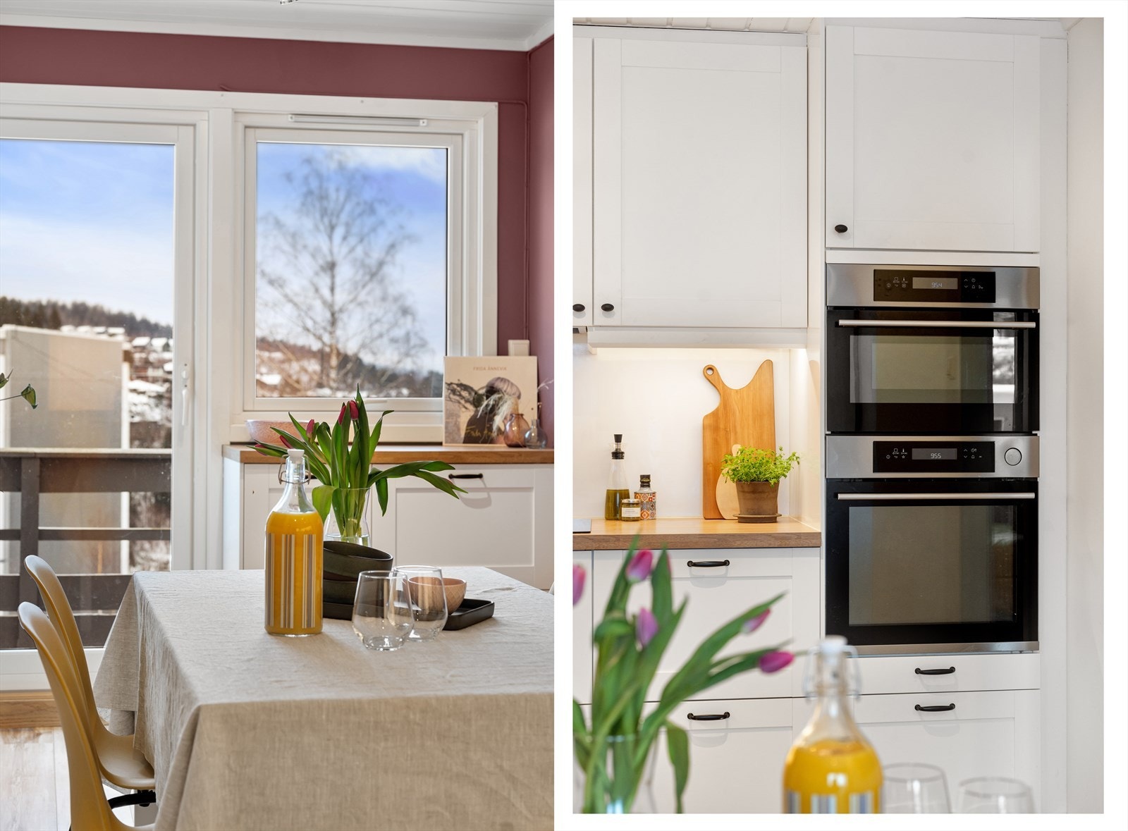 Et moderne kjøkken med direkte utgang til balkong og spiseplass med utsikt. Galleribilde