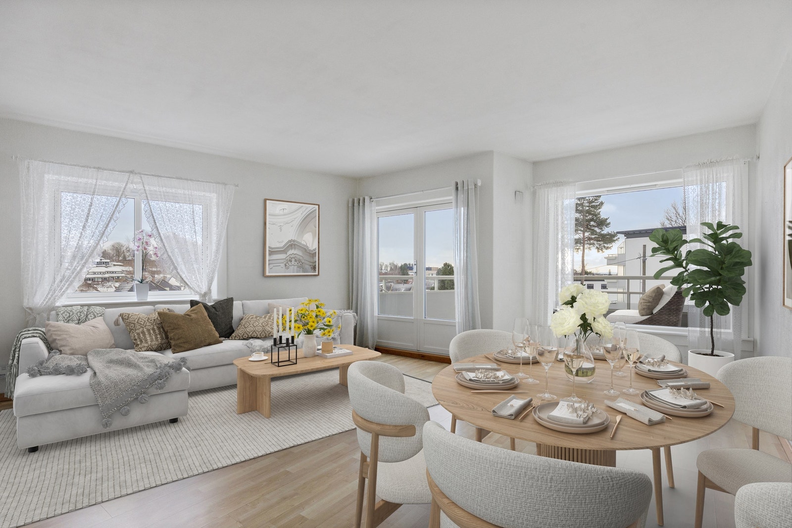 Dette er en stor og lys 3-roms hjørneleilighet med svært attraktiv og sentral beliggenhet. Kort gåavstand til det aller meste av ønskelige fasiliteter. Foto: Zovenfra AS (digital styling) Galleribilde