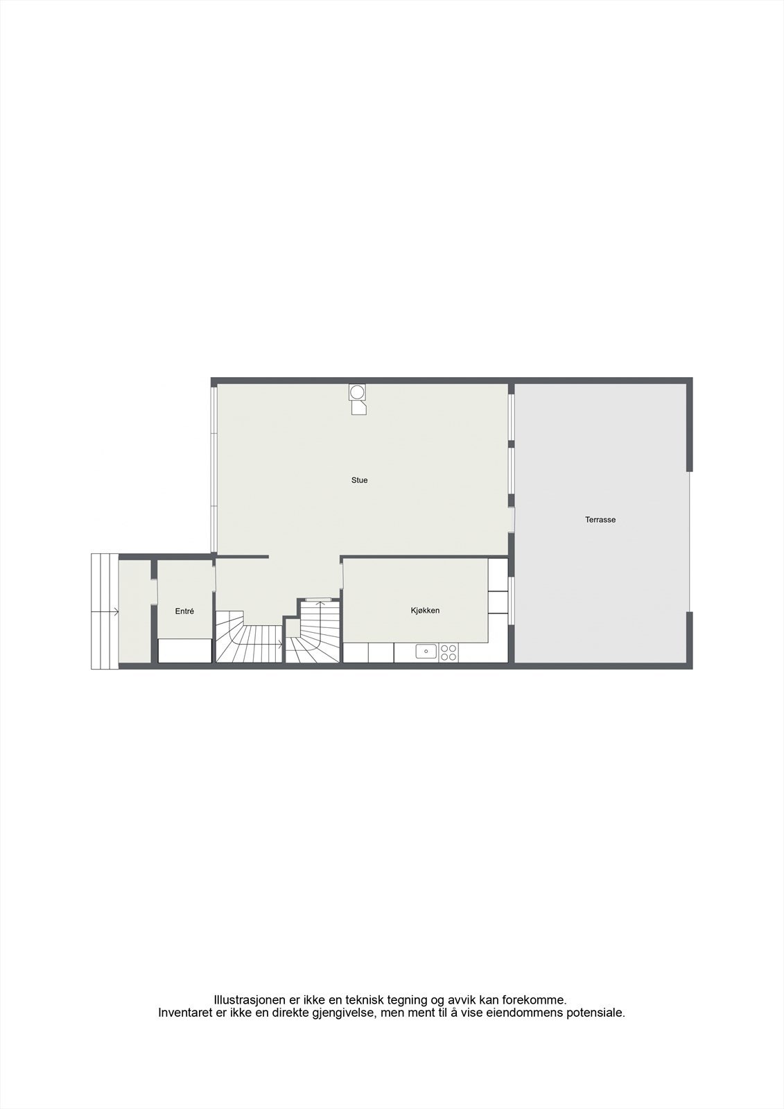 Første etasje har en sosial planløsning med stue, kjøkken og utgang til terrasse. Galleribilde