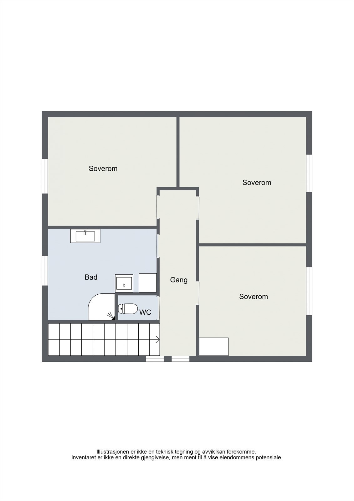 Andre etasje inneholder tre soverom, bad/vaskerom og et separat toalettrom. Galleribilde