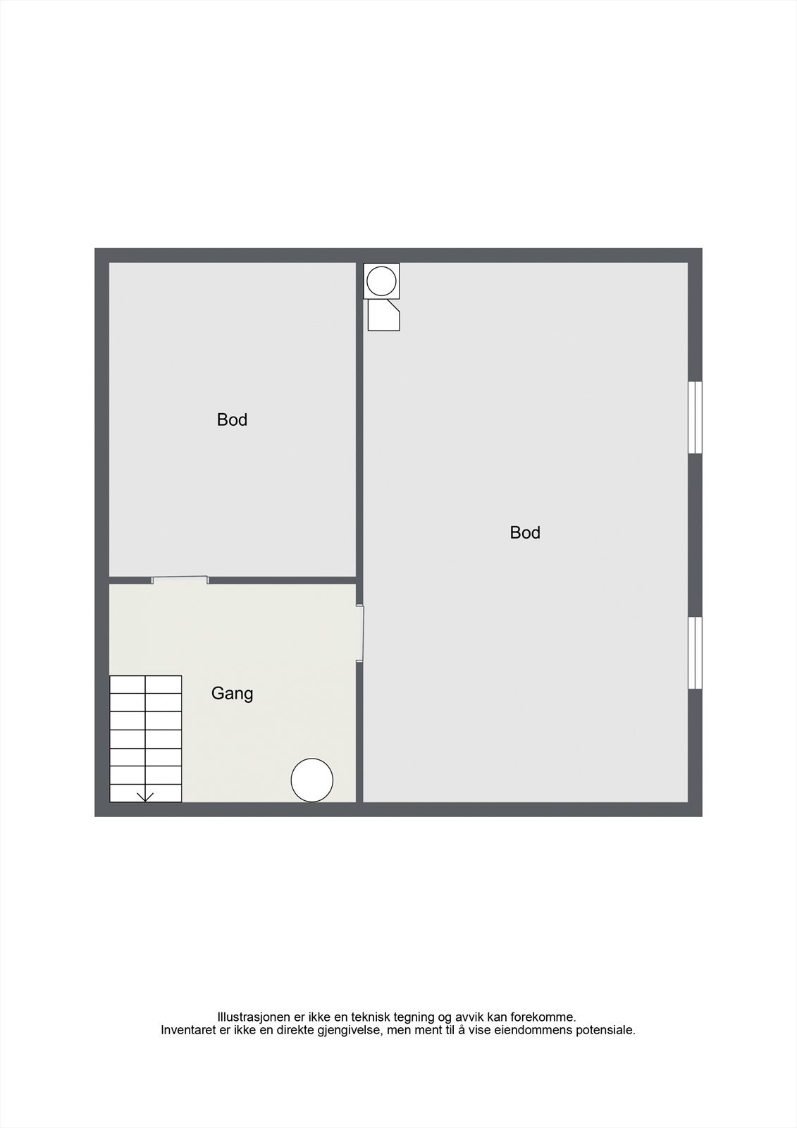 Kjelleren består av gang, boder og et innredet rom. Galleribilde