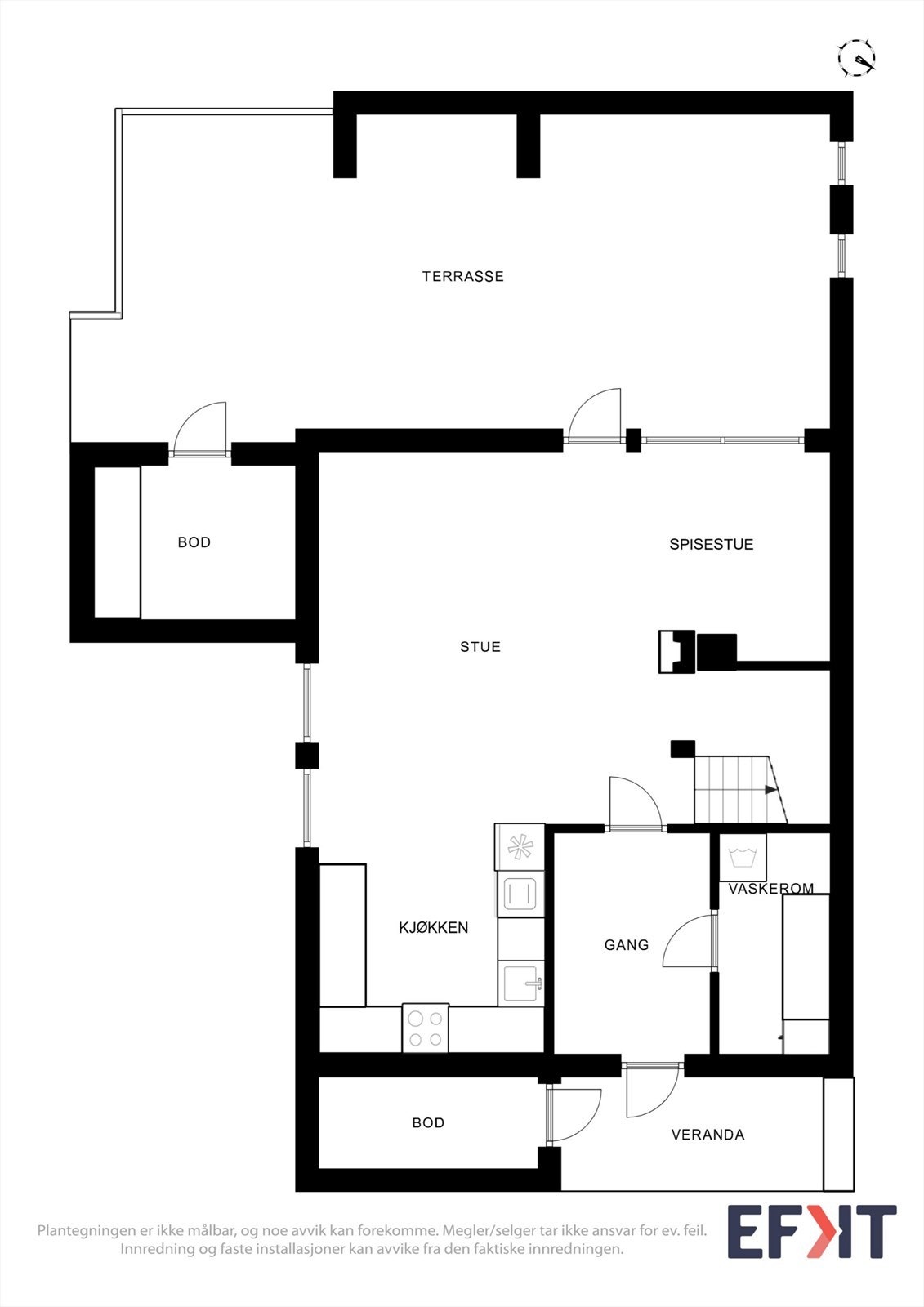 Første etasje har en fin planløsning med åpen stue- og kjøkkenløsning, entré og teknisk rom. Galleribilde