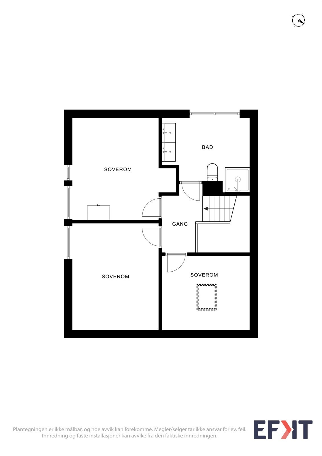 Andre etasje inneholder tre soverom og et romslig bad, praktisk samlet i en egen sone. Galleribilde