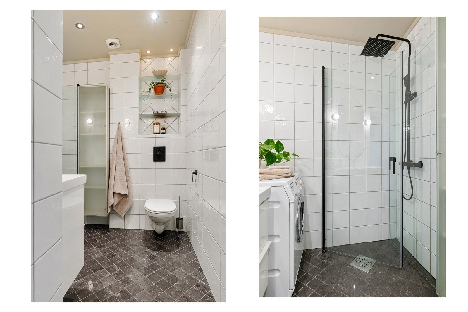 Badet er utstyrt med veggmontert WC, servant med ettgreps blandebatteri i innredning og dusjplass med inn og utadslående dusjvegger. Galleribilde