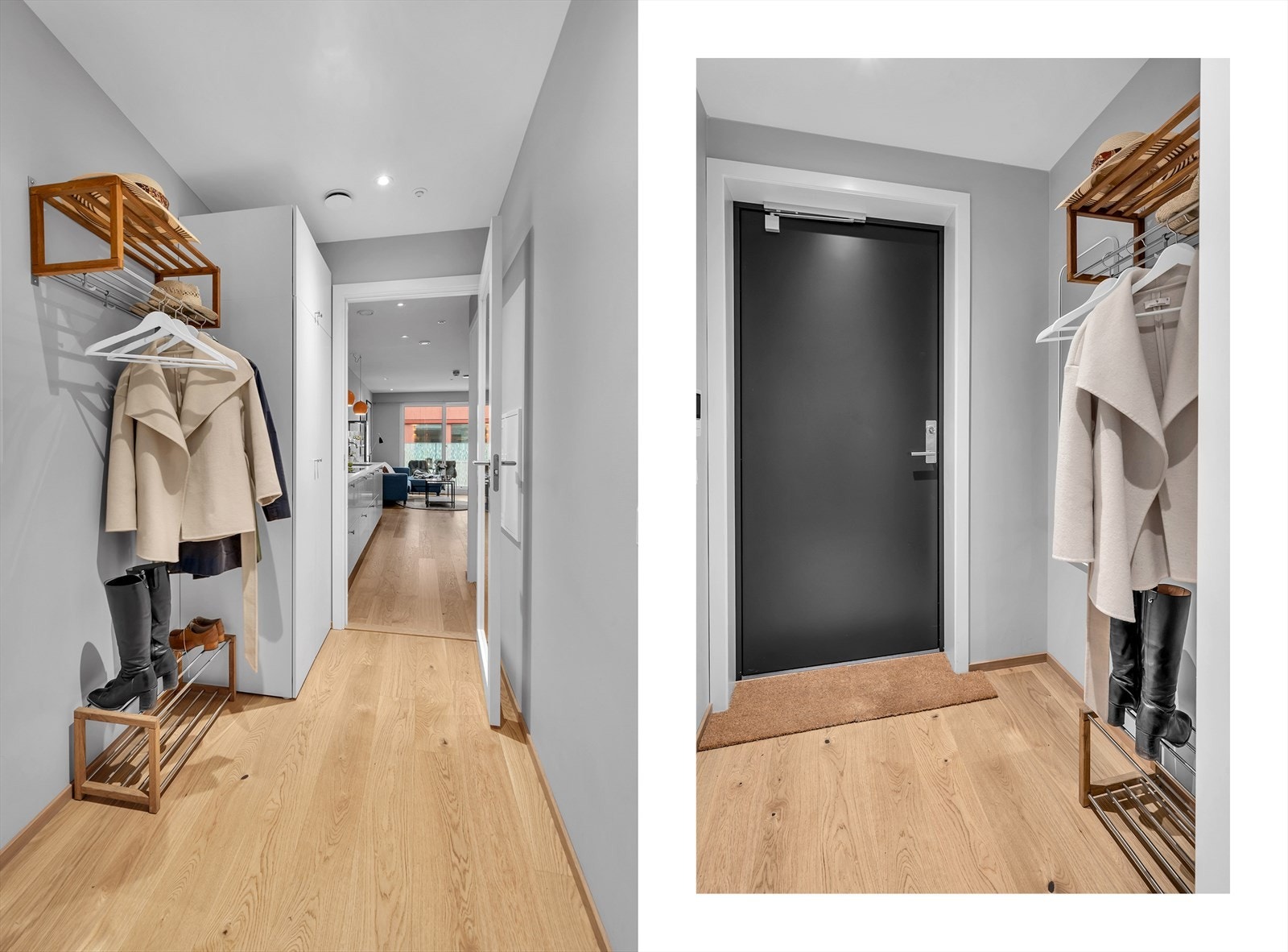 Fra ytterdøren møter du på en praktisk gang med dobbelt garderobeskap hvor det også er plass til å henge fra seg yttertøy og sko Galleribilde