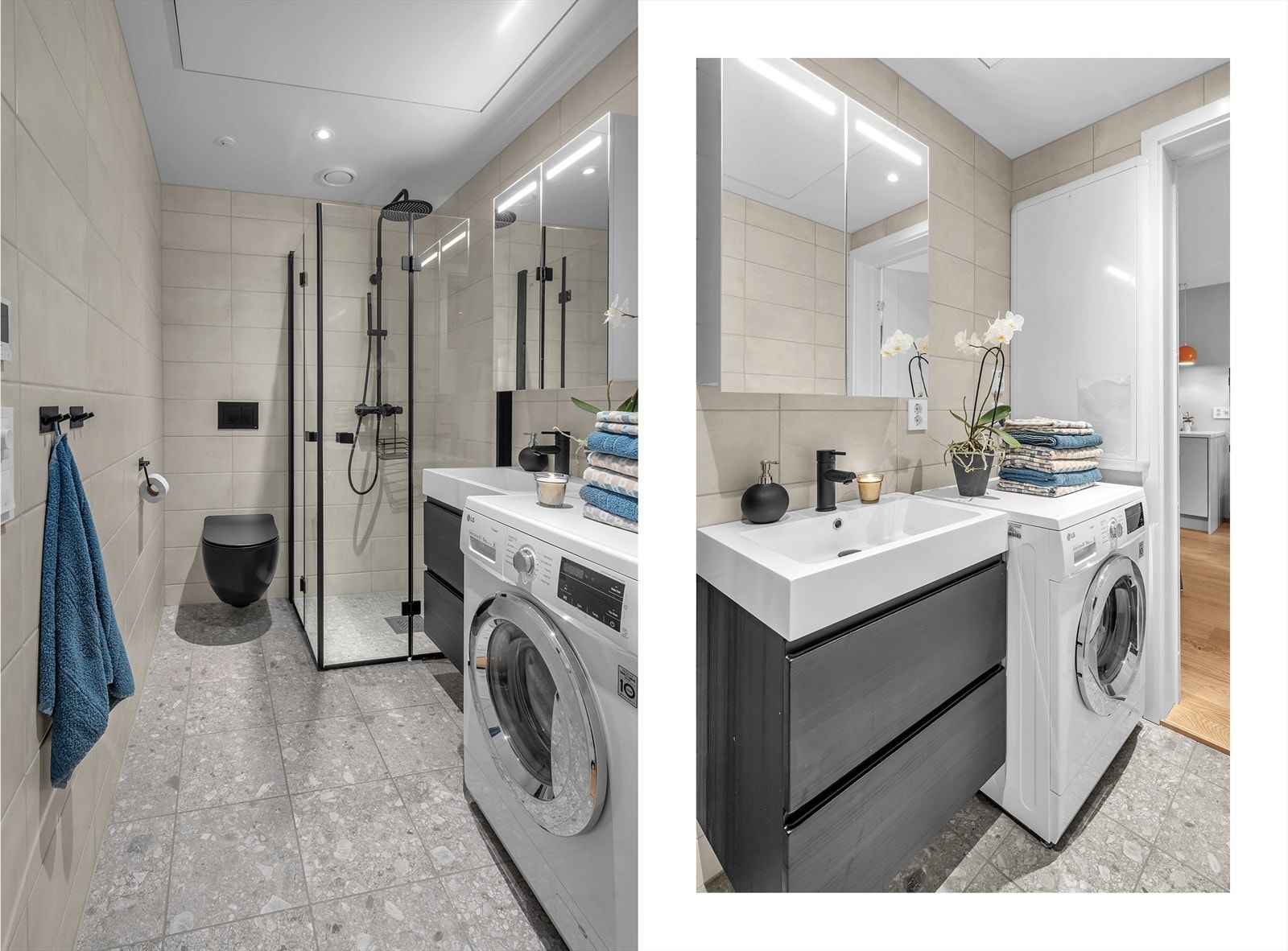 Det er vannbåren gulvvarme, avtrekk via balansert ventilasjon og opplegg til vaskemaskin i baderom Galleribilde