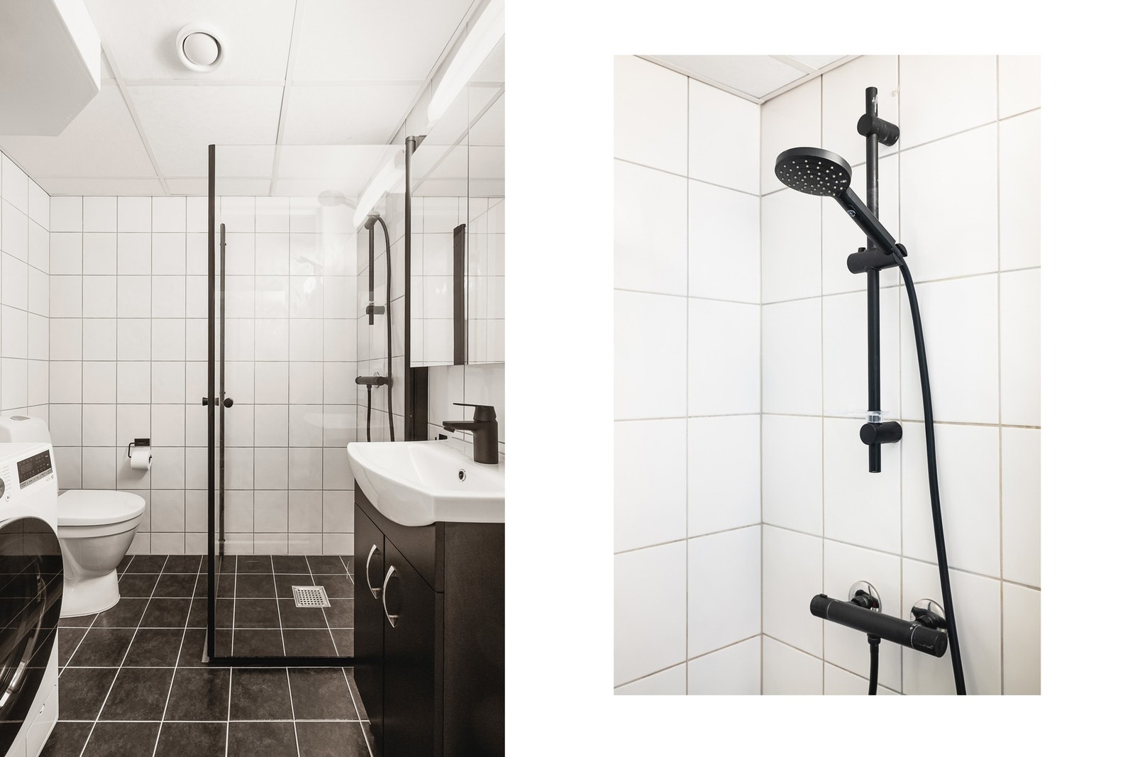 Flislagt bad med varme i gulv. Inneholder innredning med servant, dusjhjørne, toalett, speil og belysning Galleribilde