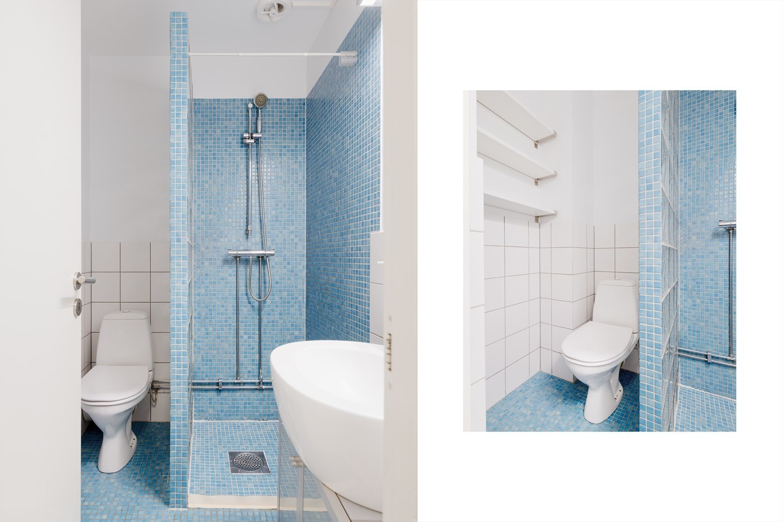 Baderom med fliser på gulv og vegger. Gulvet har varmekabler og badet er utstyrt med servant, klosett og dusj på gulv. Galleribilde