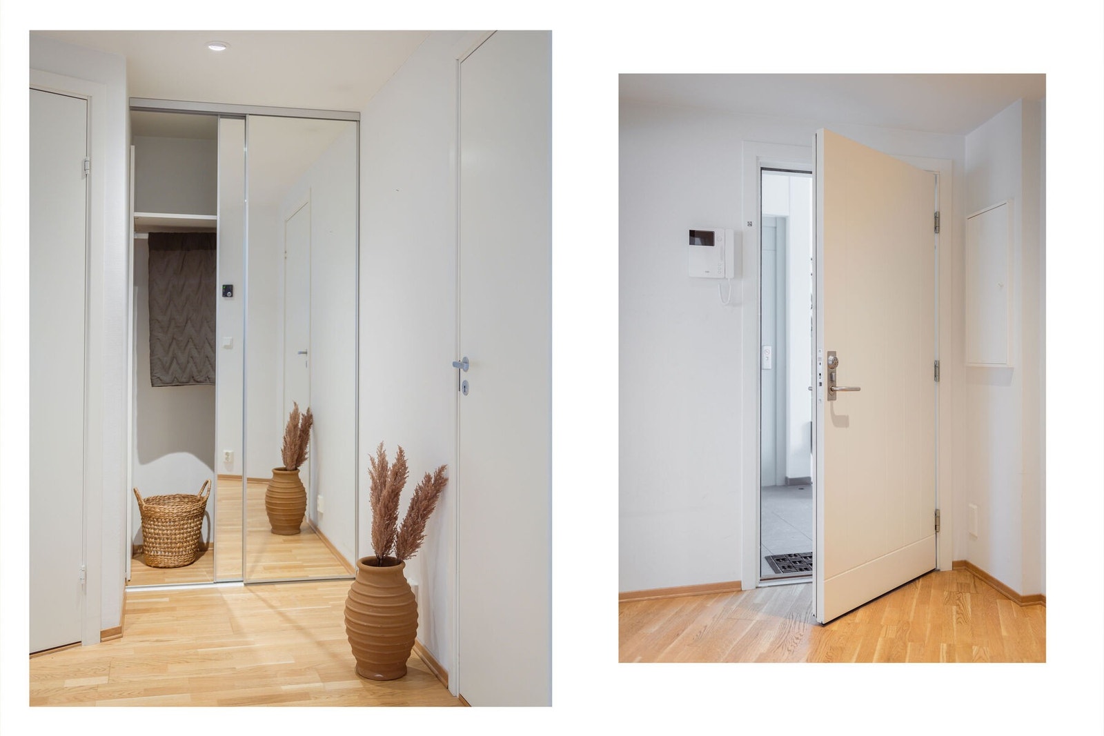 Entre med skyvedørsgarderobe. Det er callinganlegg med kamera. Galleribilde