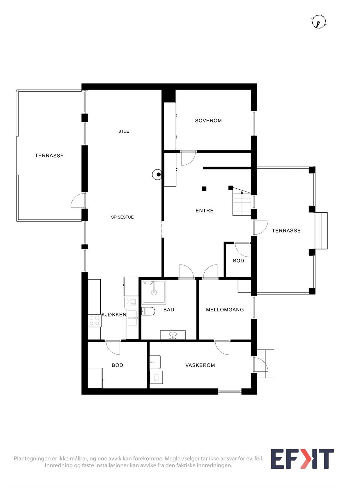 Første etasje har en arealeffektiv planløsning med åpen stue/kjøkken, bad, vaskerom og soverom. Galleribilde