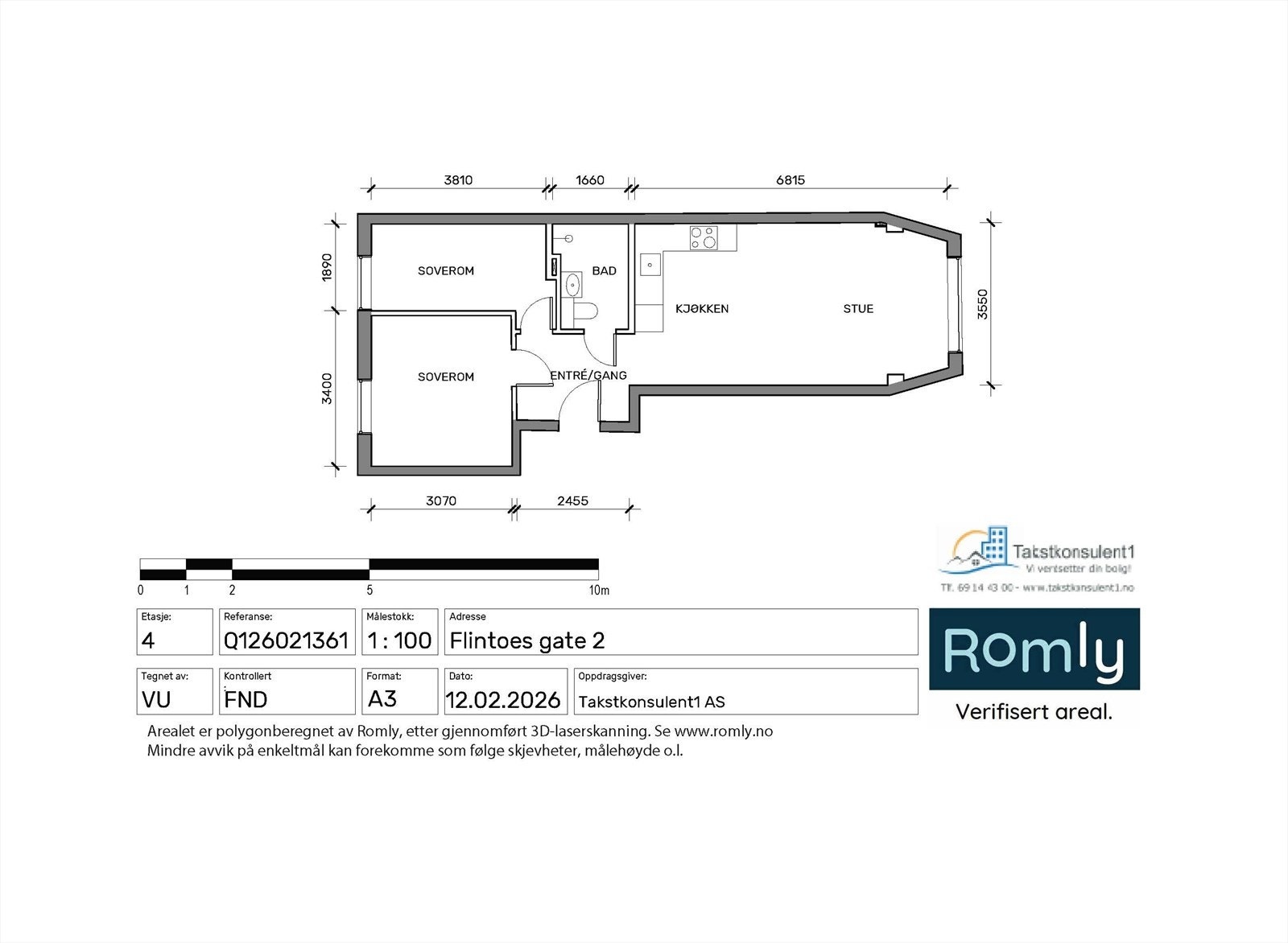 Plantegning. 4. etasje med heis. Arealeffektiv med to soverom, komplett bad, samt moderne åpen kjøkkenløsning i stue Galleribilde
