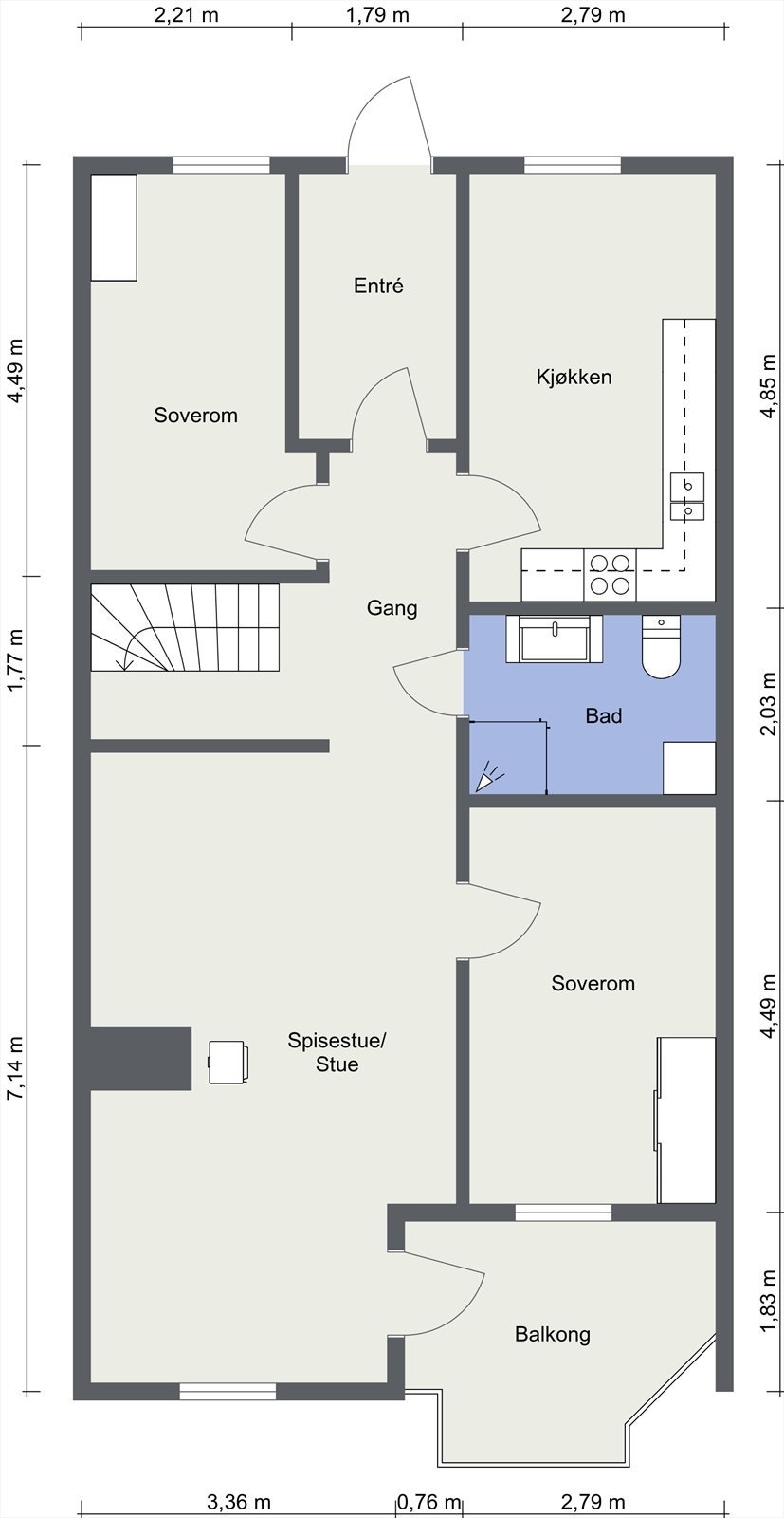 Leilighetens hovedplan i 2. etasje rommer stue, spisestue, kjøkken, to soverom og bad. Galleribilde