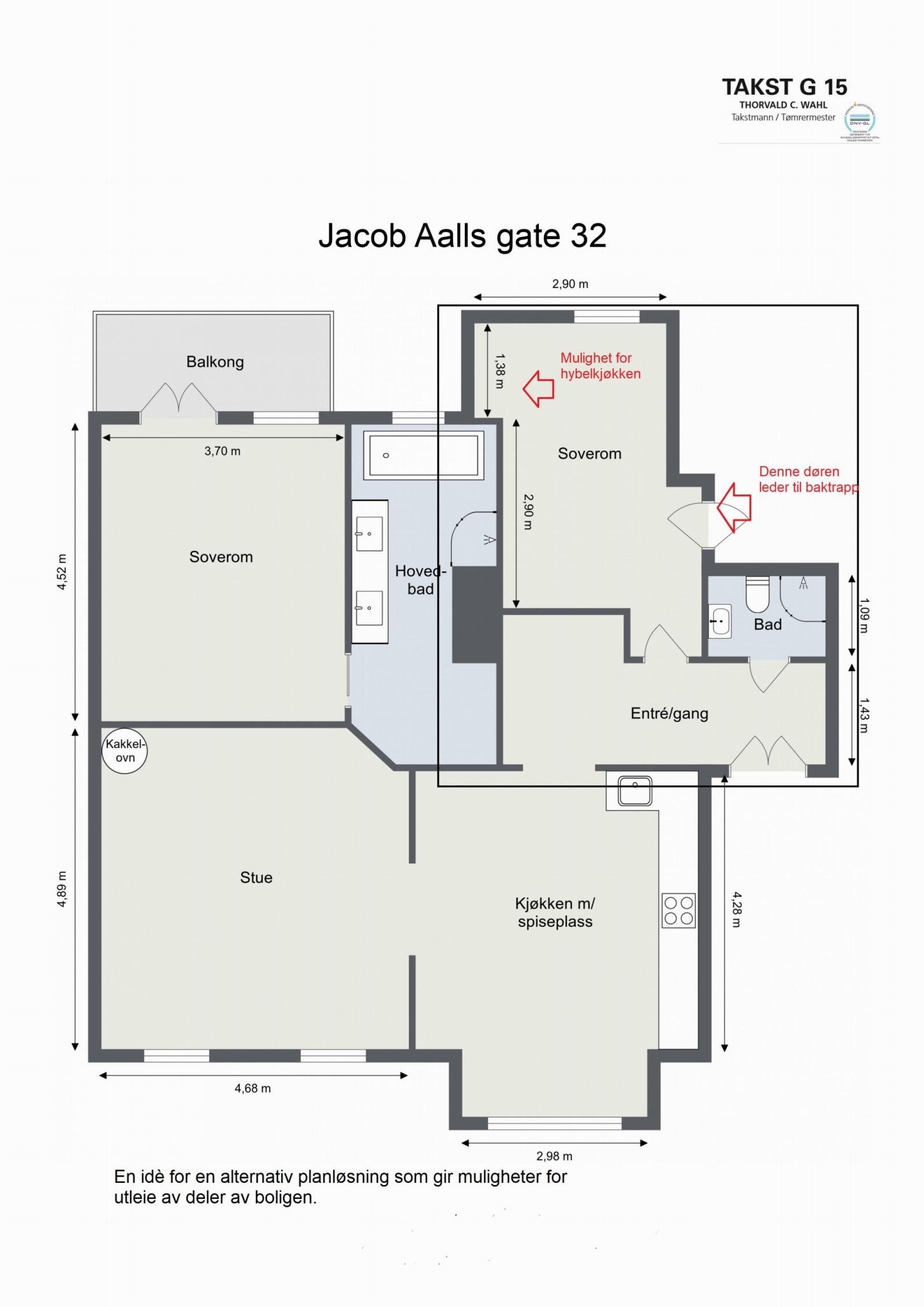 Alternativ planløsning (eier har ikke undersøkt om det lar seg gjøre å sette inn et lite hybelkjøkken). Galleribilde