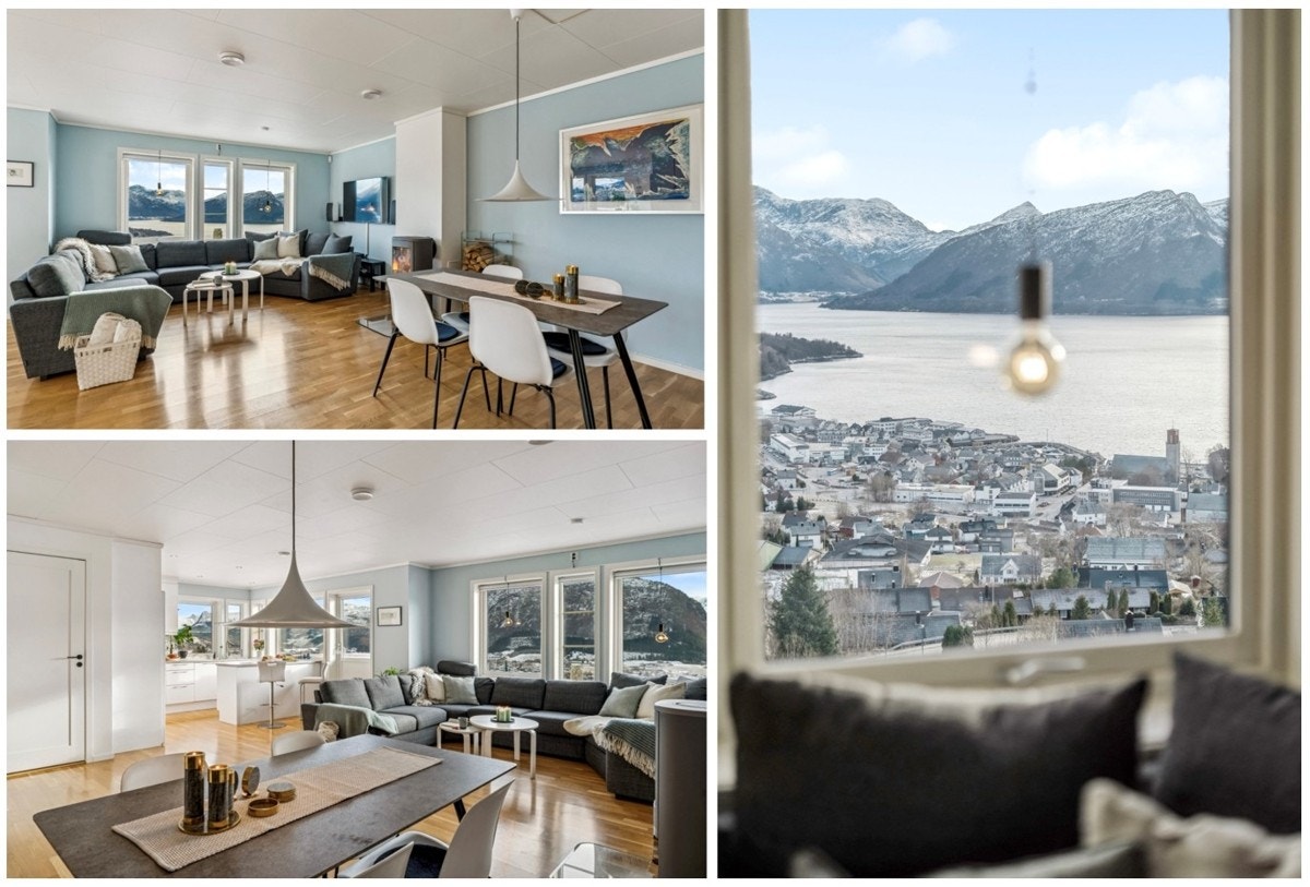 Stove og kjøkken utgjer saman eit triveleg, opent og sosialt allrom med plass for eit godt kvardagsliv. Galleribilde