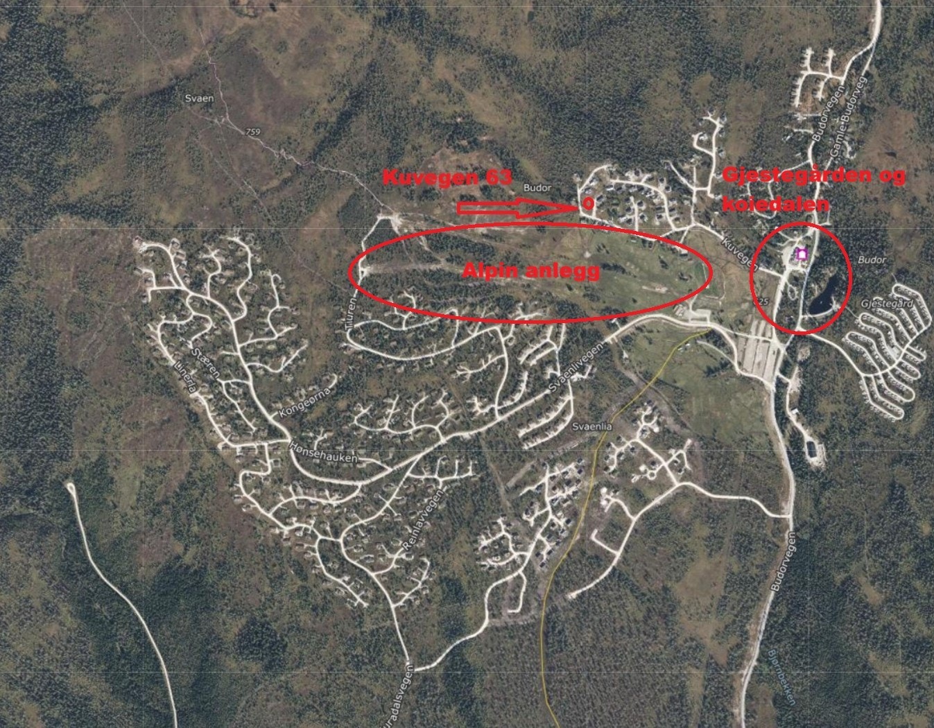 Tomteplassering, alpinbakken og markering gjestegården/Koiedalen Galleribilde