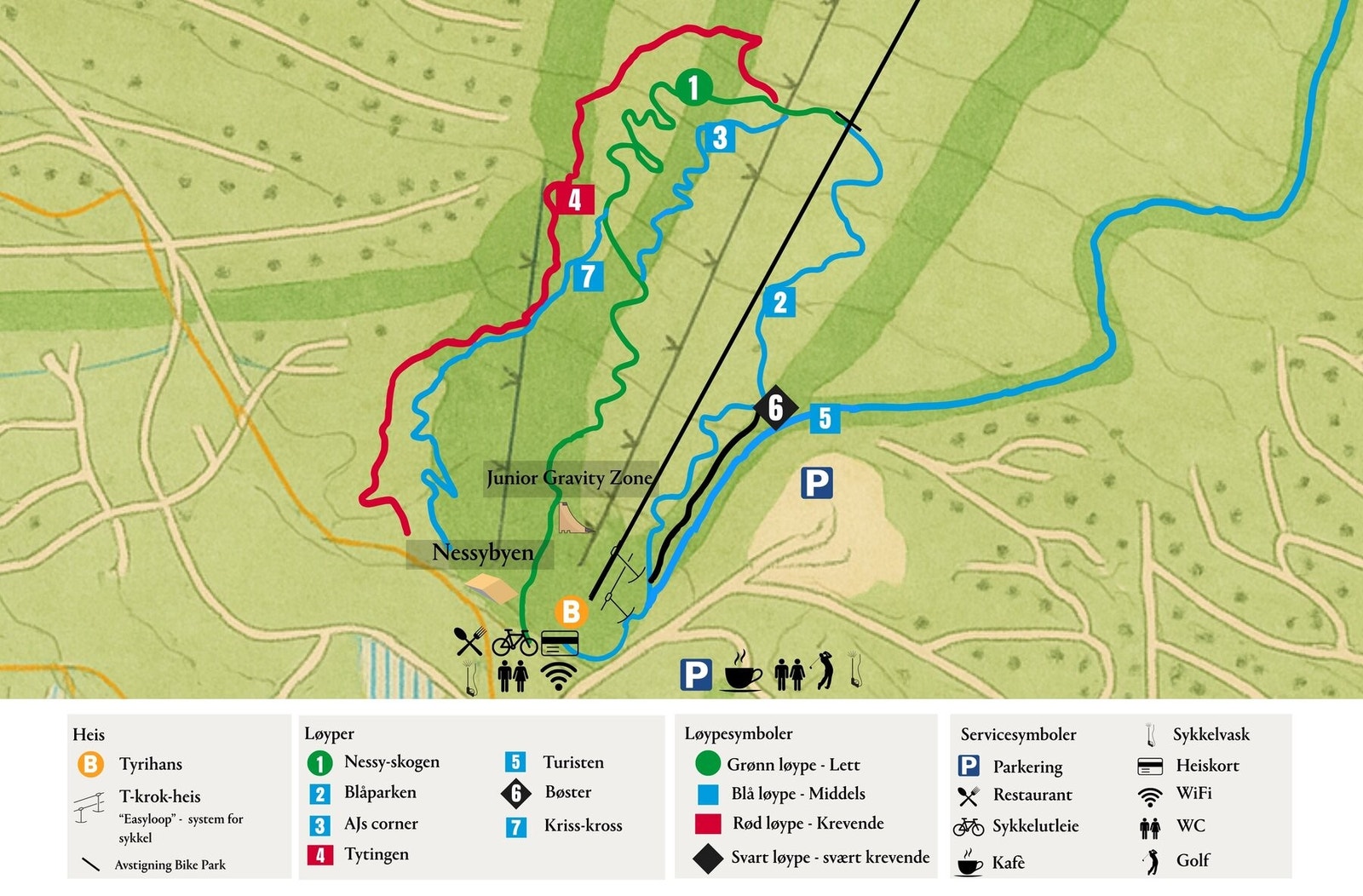 Nesfjellet Bikepark utnytter alpinbakkene og heisen sommerstid. Galleribilde