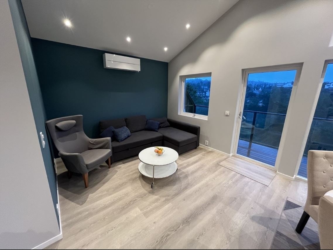 Sofakrok. TV. Varmepumpe. Direkte utgang til altan med utsikt og glassrekkvert. Utespotter gjør det til en hyggelig uteoppholdsplass. Sovesofa. Galleribilde