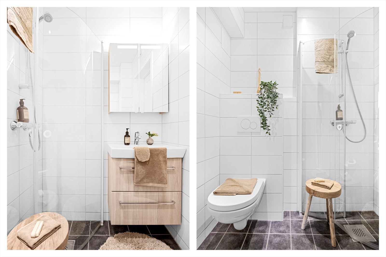 Helfliset bad med gulvvarme. Badet er innredet med vegghengt toalett, vask med under-og overskap og dusj. Galleribilde