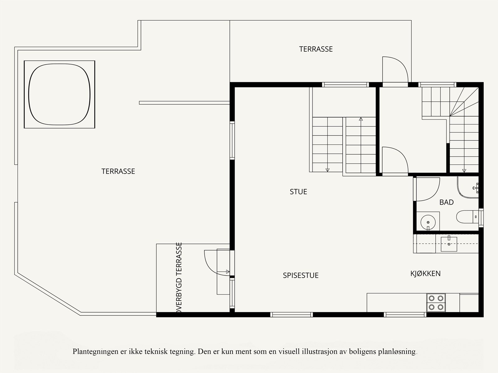 Etasje er boligens hovedplan på ca. 56 m² BRA-i, og her finner man boligens sosiale oppholdsrom med stue og kjøkken i åpen løsning på ca. 42,7 m². I tillegg inneholder etasjen gang og et bad på ca. 3,4 m². Galleribilde