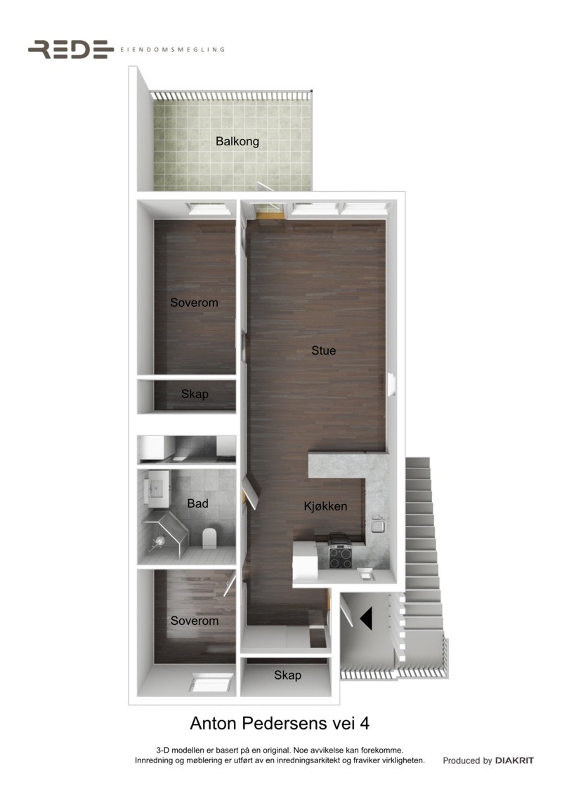 Planskisse av leiligheten. Rom merket "soverom" nærmest inngang er godkjent til bruk som sportsbod. Les mer om det i Tilstandsrapporten side 20. Med leiligheten følger carport med bod. Galleribilde